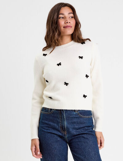 Pull manches longues noeuds ecru femme