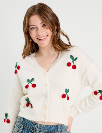 Gilet court brodé ecru femme
