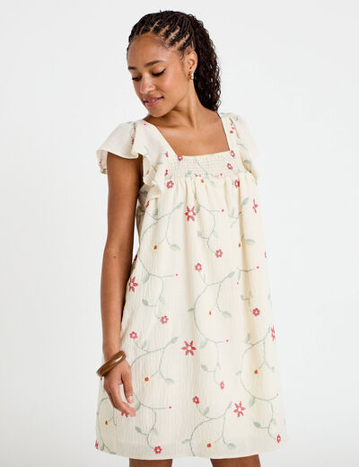 Robe courte &eacute;vas&eacute;e brod&eacute;e blanc femme