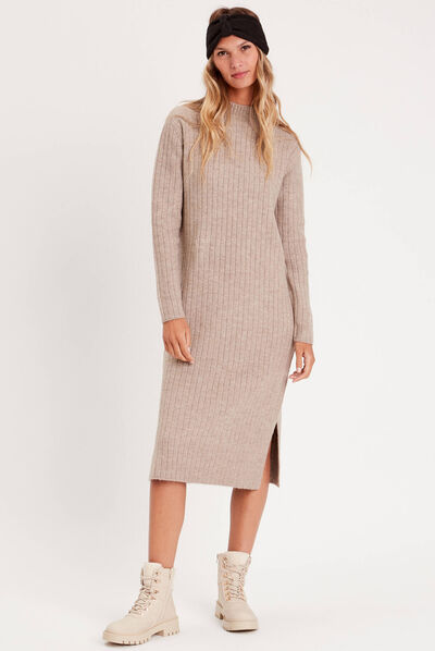 Robe longue droite côtelée taupe femme