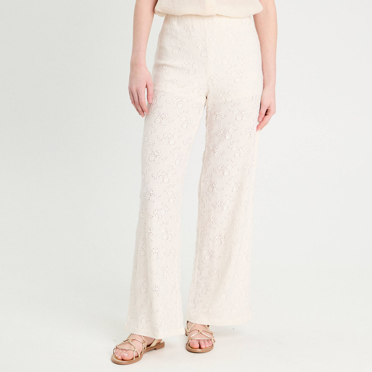 Pantalon large ajouré ecru femme
