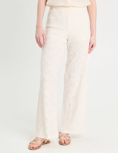 Pantalon large ajouré ecru femme