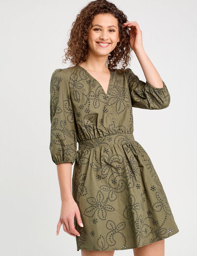 Robe évasée brodée vert kaki femme