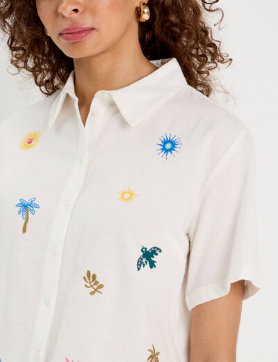 Chemise brodée manches courtes ecru femme