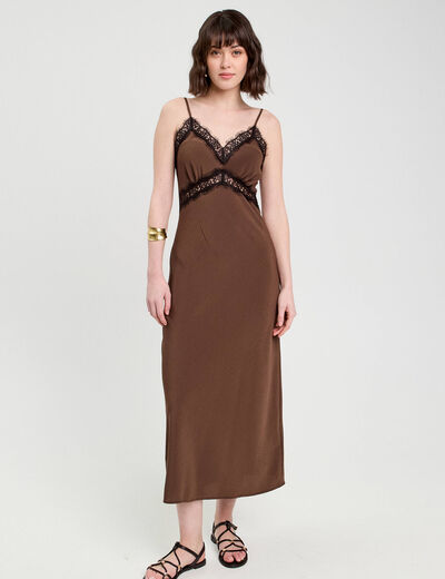 Robe longue ajustée dentelle marron foncé femme