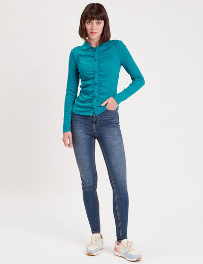 T-shirt côtelé avec fronces bleu femme