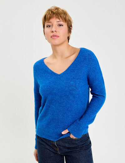 Pull avec col en V bleu electrique femme
