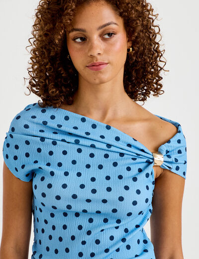 Top pliss&eacute; col bardot sans manches bleu ciel femme