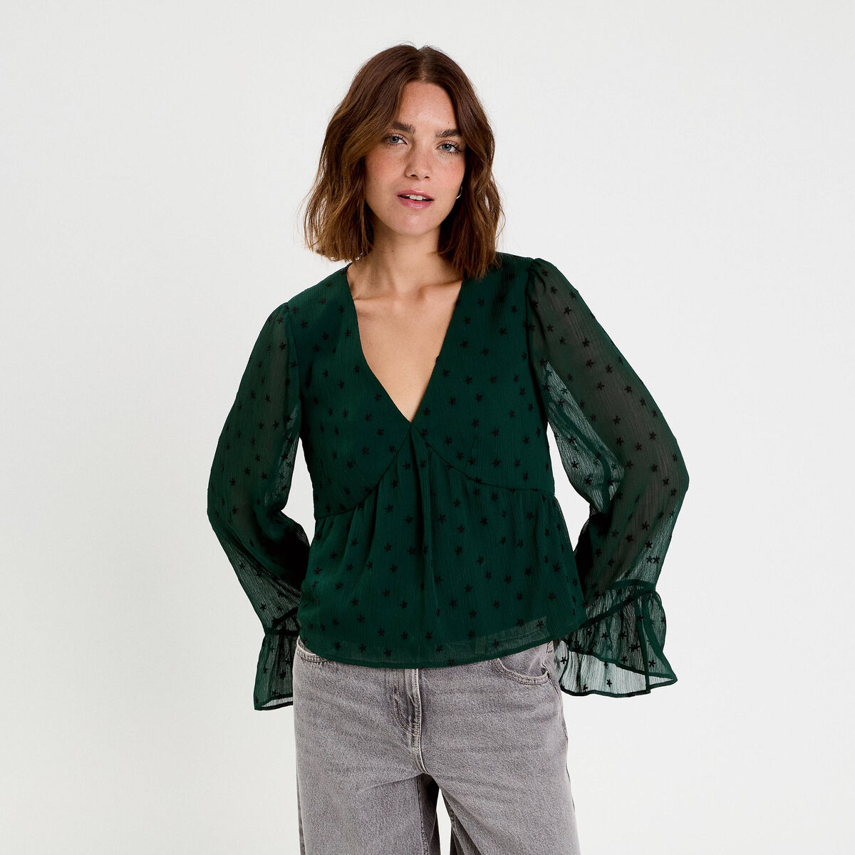 Blouse brod&eacute;e volant&eacute;e vert fonc&eacute; femme