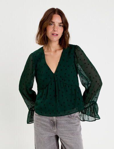 Blouse brod&eacute;e volant&eacute;e vert fonc&eacute; femme