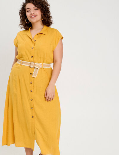Robe chemise midi contenant du lin jaune citron femme