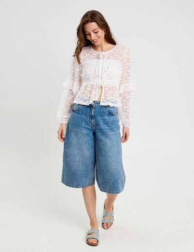 Blouse manches longues noeuds blanc femme