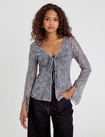 T-shirt manches longues noeuds bleu gris femme