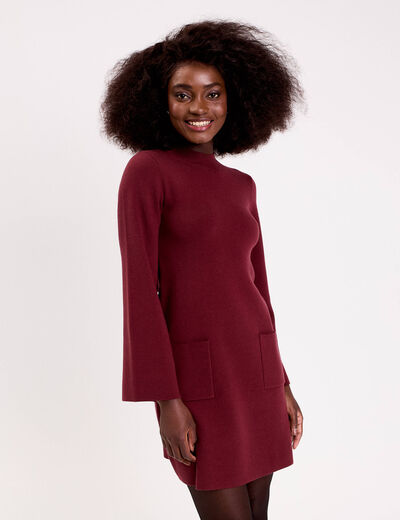 Robe manches longues col montant bordeaux femme