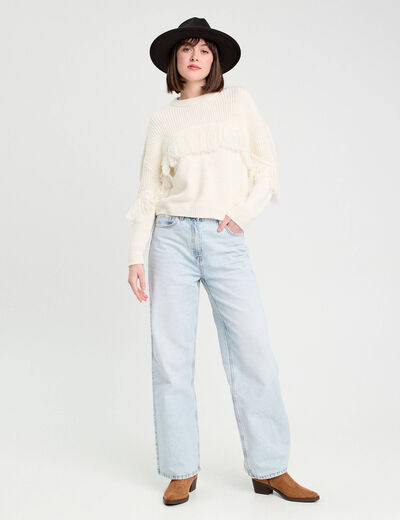 Pull avec franges ecru femme