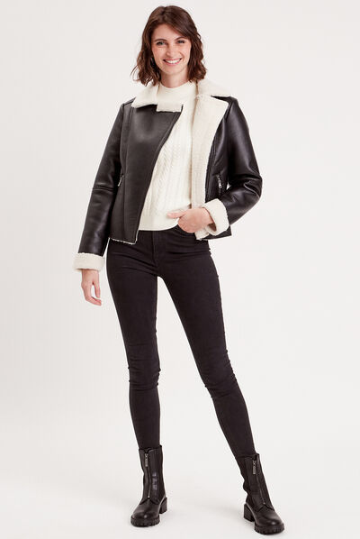 Pull col montant avec torsades ecru femme
