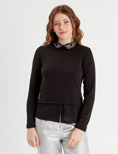 Pull col chemise bijoux noir femme