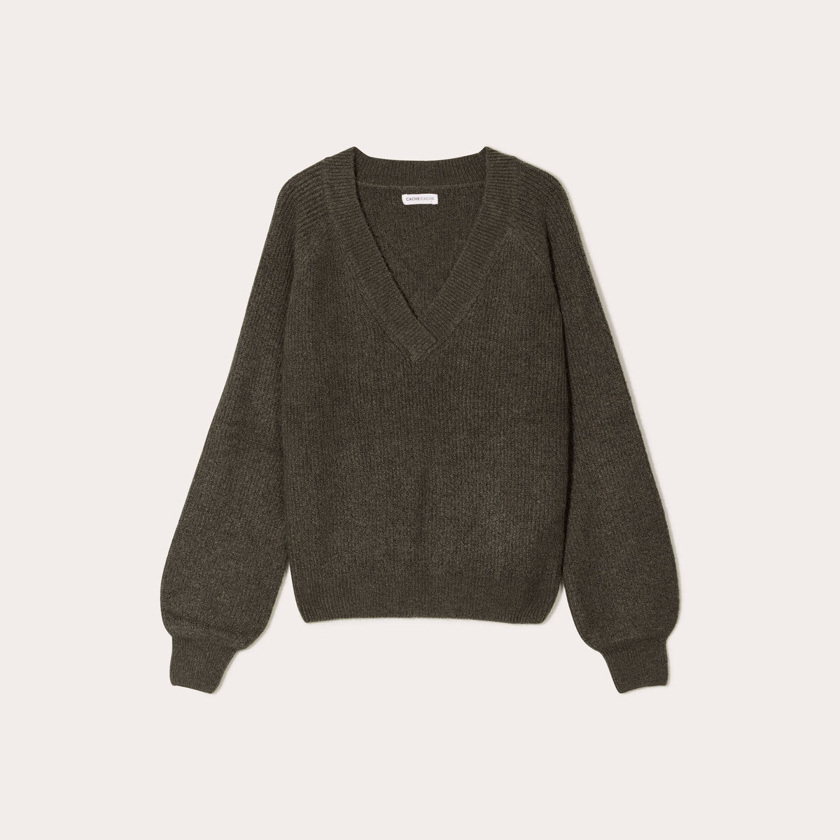 Pull avec col en V vert kaki femme