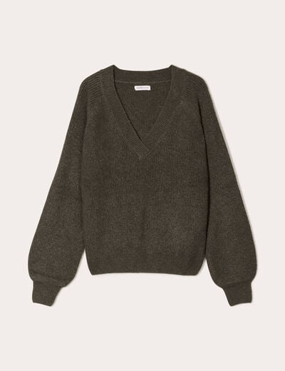 Pull avec col en V vert kaki femme