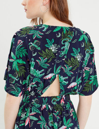 Robe longue évasée col en V bleu marine femme