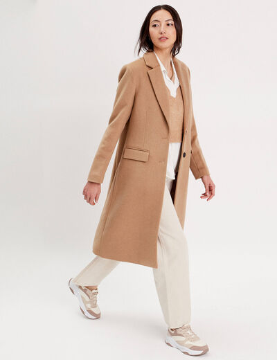 Manteau droit long boutonné camel femme