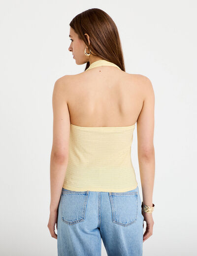 Top ajust&eacute; sans manches col b&eacute;nitier jaune pastel femme