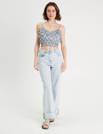 Blouse cropped volants bleu femme