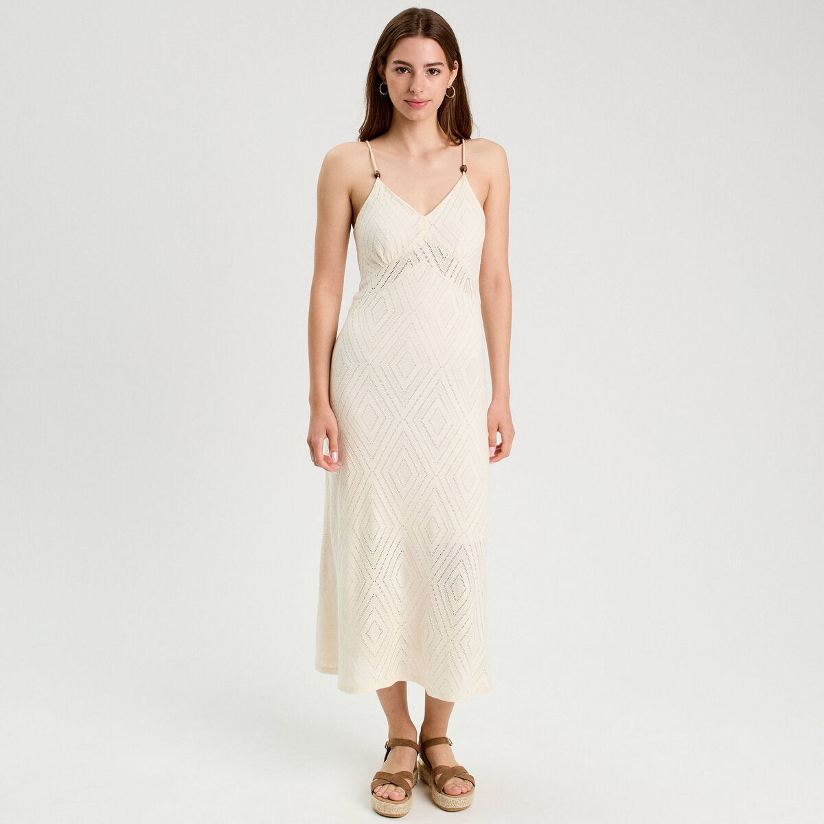 Robe longue évasée ajourée ecru femme