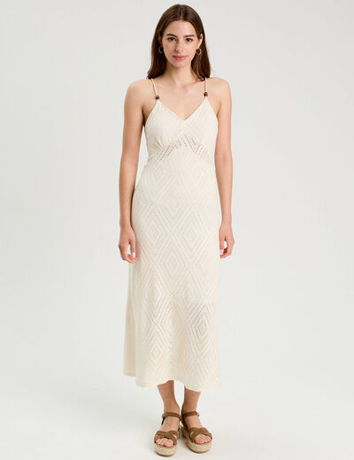 Robe longue évasée ajourée ecru femme