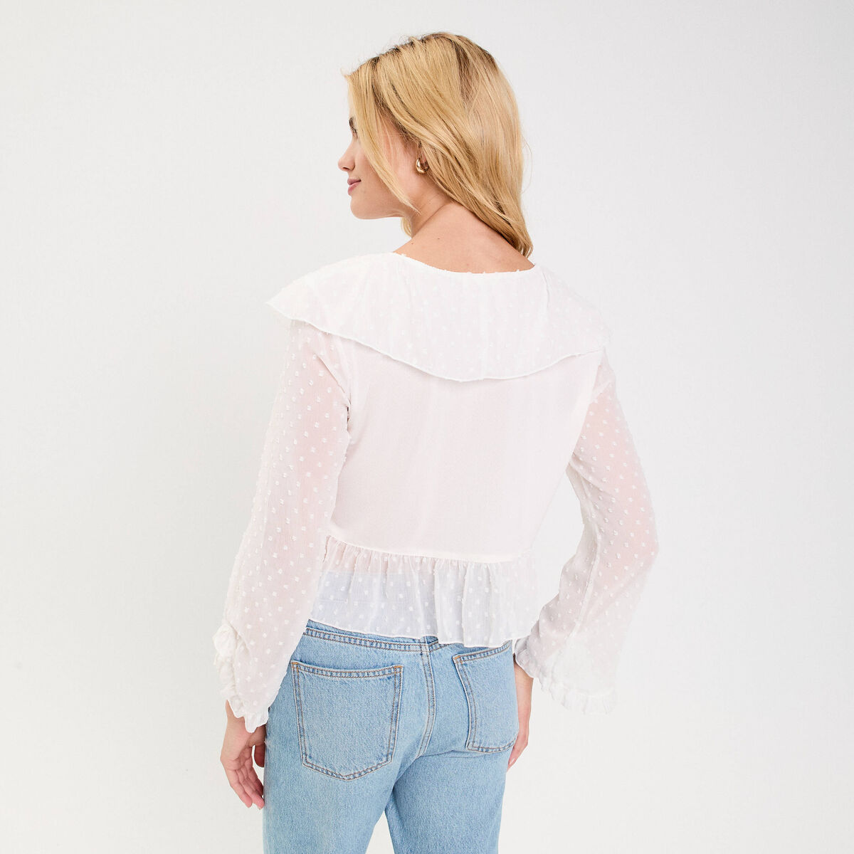 Blouse bi-mati&egrave;re oversize col v ecru femme