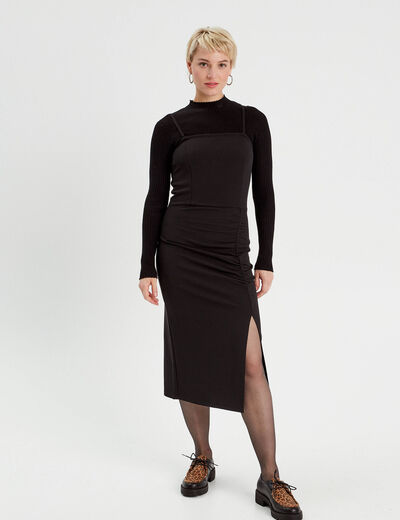 Robe longue ajustée fronces noir femme