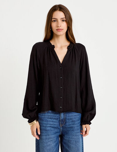 Blouse ample pliss&eacute;e manches longues noir femme