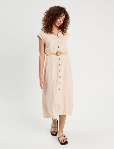 Robe chemise midi contenant du lin beige femme