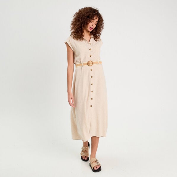 robe chemise midi contenant du lin beige femme Robe chemise midi contenant du lin beige femme
