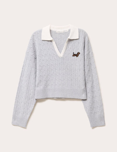 Pull manches longues col polo gris clair femme
