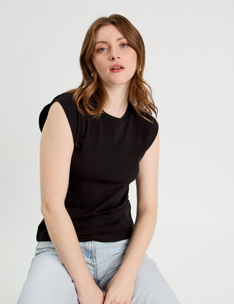 T-shirt col rond sans manches noir femme