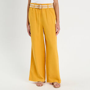 Pantalon large ceinturé contenant du lin jaune citron femme