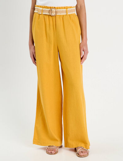 Pantalon large ceinturé contenant du lin jaune citron femme