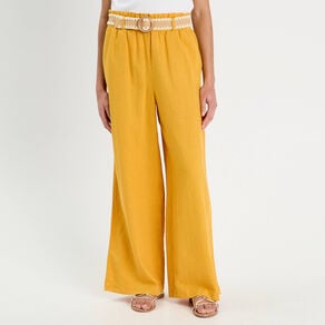 pantalon large ceinture contenant du lin jaune citron femme Pantalon large ceinturé contenant du lin jaune citron femme