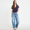Blouse col v manches courtes dentelle bleu marine femme