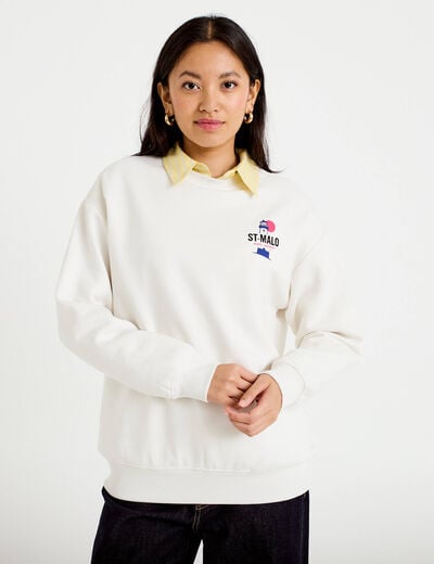 Sweat col rond manches longues ecru femme