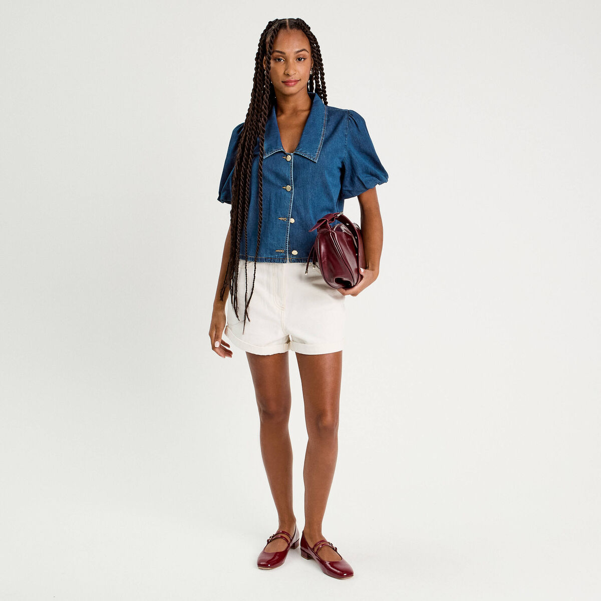 Blouse manches courtes en jean denim stone femme
