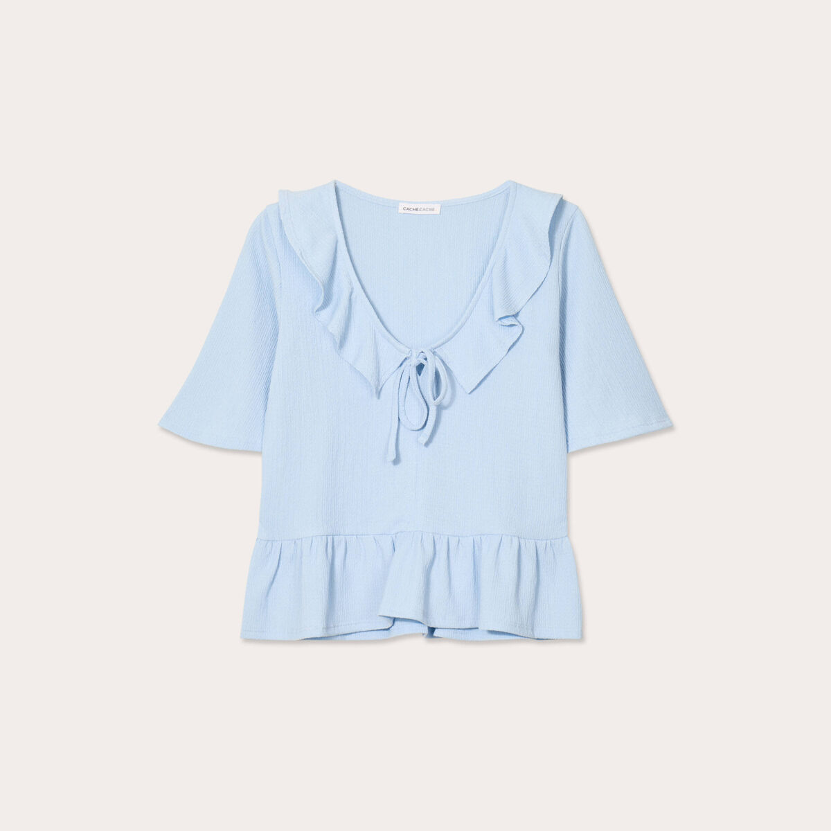 Blouse noeud et volants bleu ciel femme