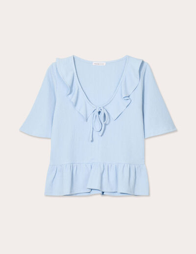 Blouse noeud et volants bleu ciel femme