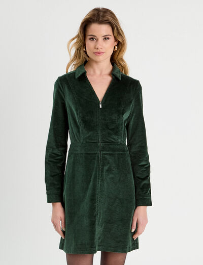 Robe trapèze velours zippée vert foncé femme