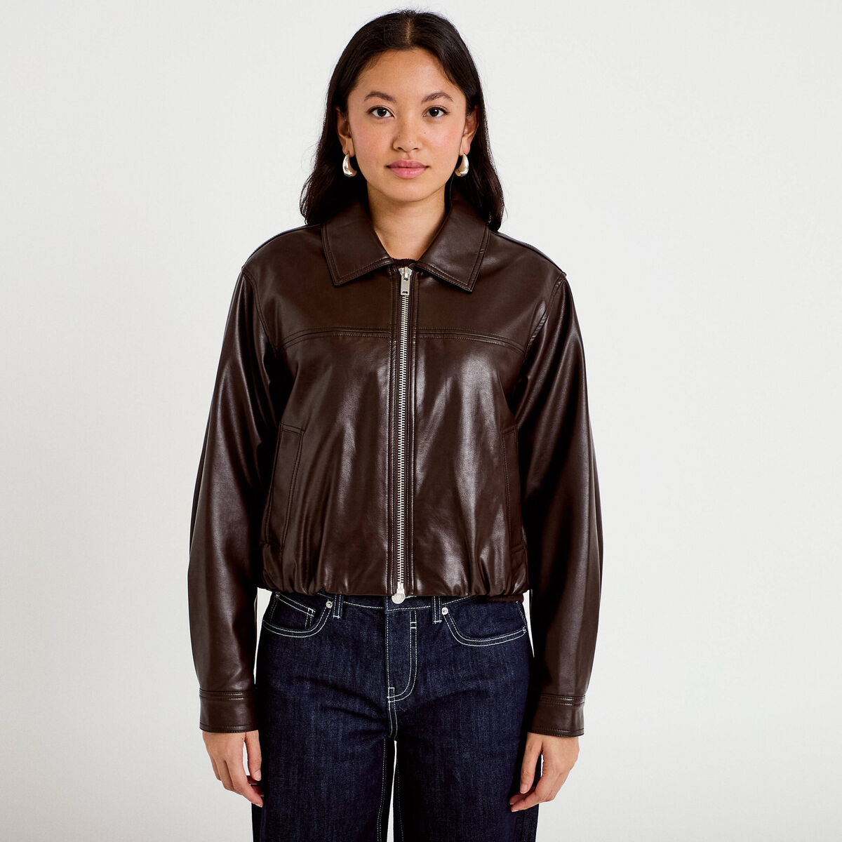 Veste effet boule manches longues marron fonc&eacute; femme