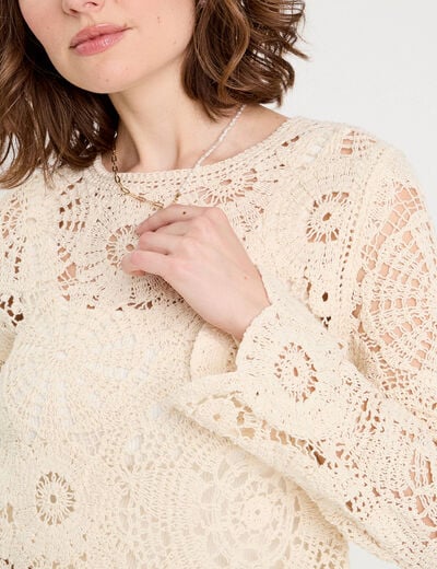 Pull ajouré effet crochet ecru femme