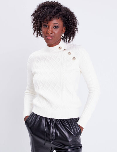 Pull boutonné avec torsades ecru femme