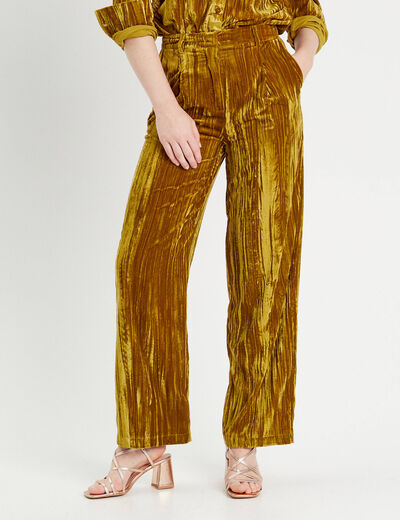 Pantalon large fluide velours vert olive femme