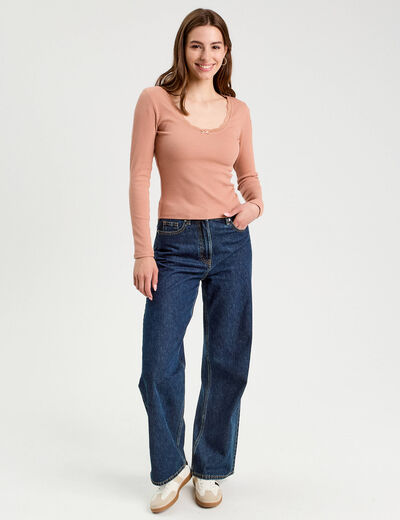T-shirt manches longues côtelé vieux rose femme
